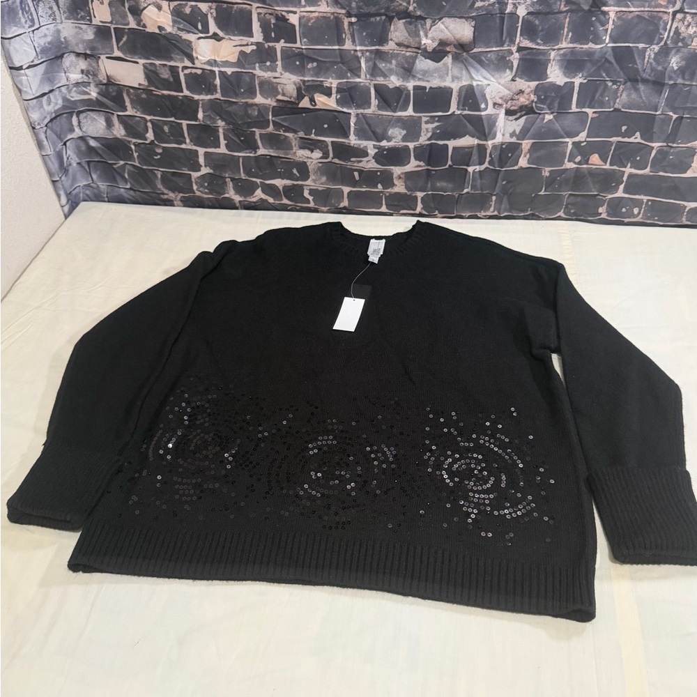 Black Sequin Rose-Trim Sweater - Women